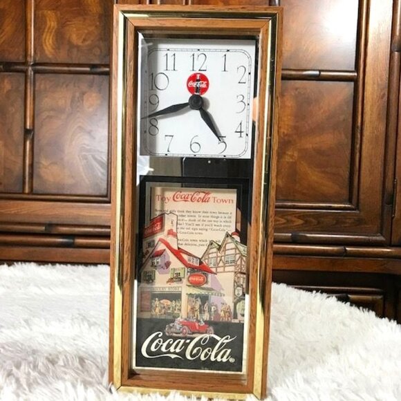 Vintage Coca-Cola Wood/Glass Small Grandfather Gold/MirrorTrim Stand Wall Clock - Picture 1 of 10